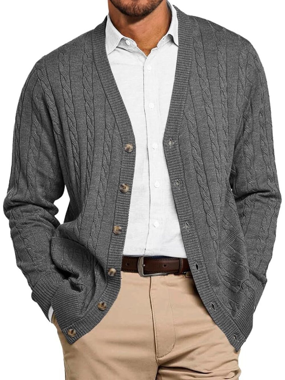 🆕Men's Dark Grey Chunky Knit Cardigan Sweater V Neck Button Up With Pockets